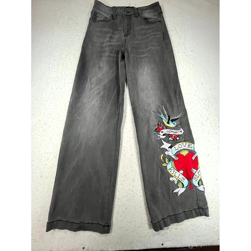 Ed Hardy Denim Jeans Womens 26 Gray Tattoo Embroidered Stretch Mid Rise Wide Leg
